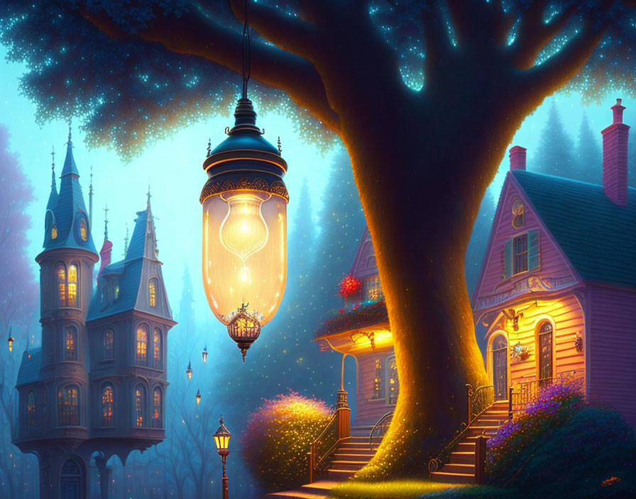 Enchanting night scene with illuminated street lamp and Victorian houses