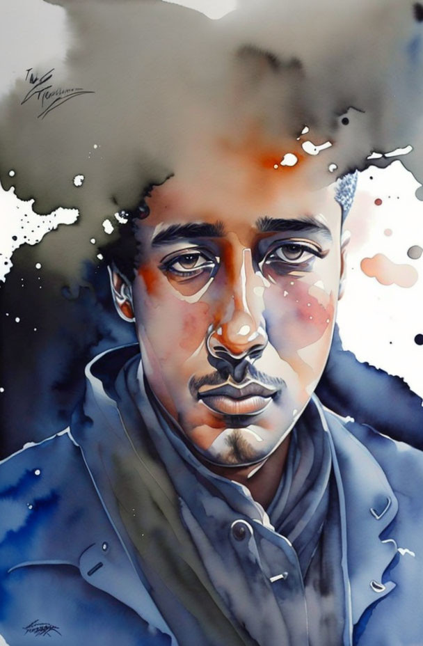 Portrait of a man with thoughtful eyes in watercolor art