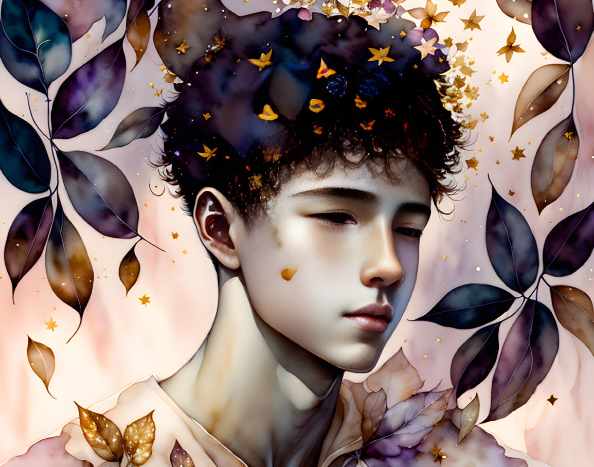 Young person with stars and golden butterflies in curly hair among ethereal leaves on cream background