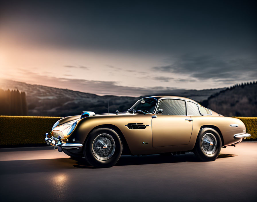 Vintage Golden Classic Car Parked Against Evening Sky and Blurred Hills