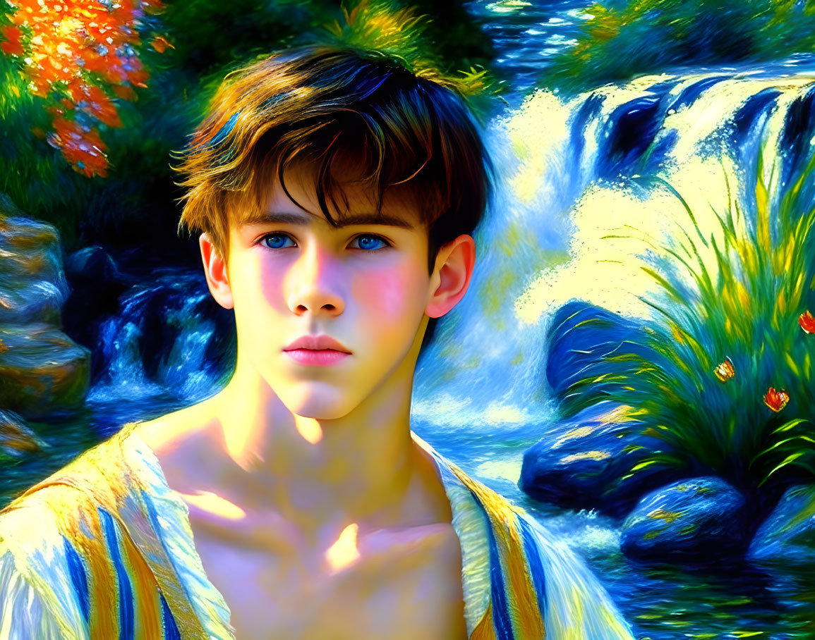 Digitally enhanced portrait of young person with blue eyes before vibrant waterfall landscape