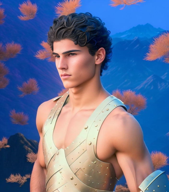 Digital artwork: Young man in stylized armor with curly hair, set against mountain backdrop.