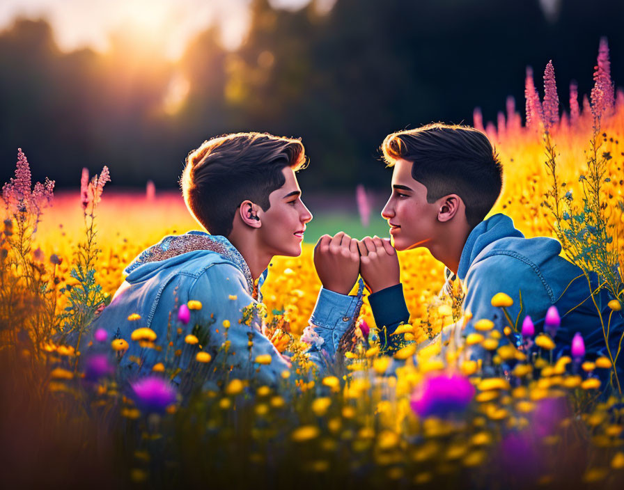 Colorful flower field scene: Two people holding hands at sunset