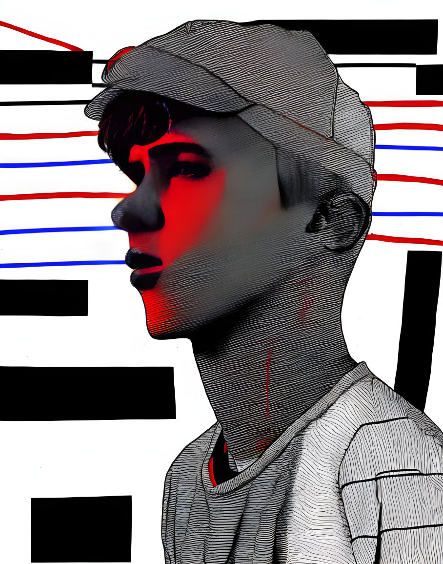 Side-profile portrait with cap in graphic art style using black, white, and red lines