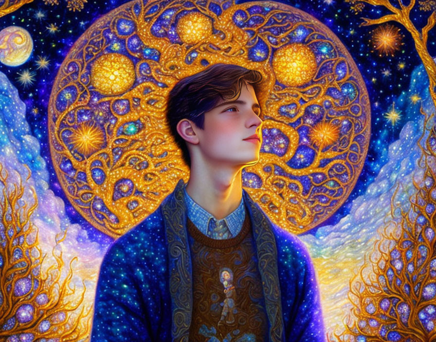 Vibrant cosmic background with young man in warm, golden patterns