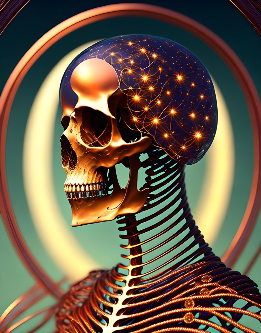 Humanoid skeleton with glowing star-filled cranium and holographic rings on teal background