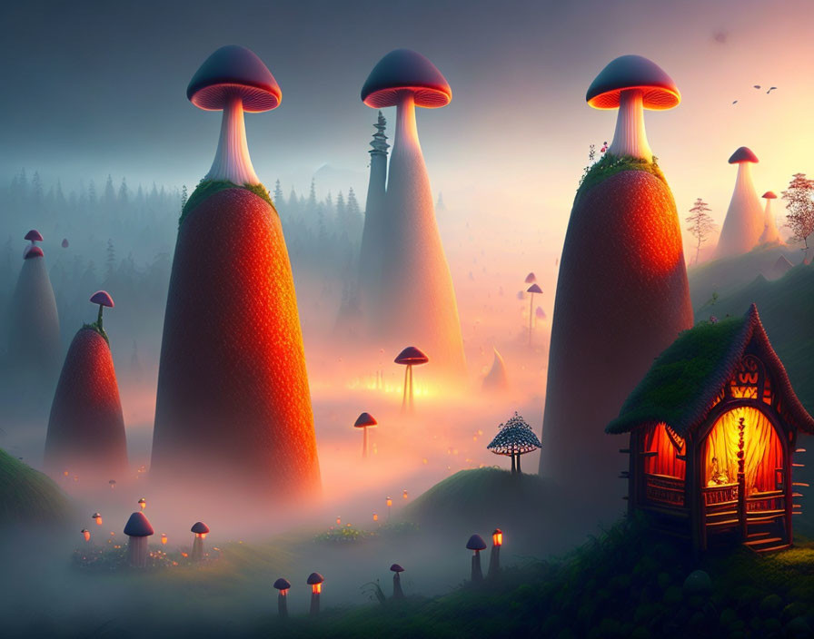 Mushroom-shaped landscape in misty forest with cottage