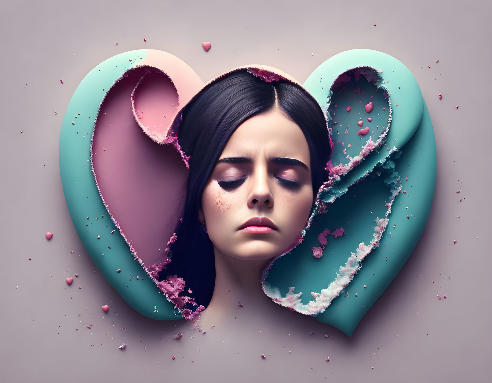 Pastel blue and pink heart-shaped sculpture with woman's face symbolizing emotional vulnerability