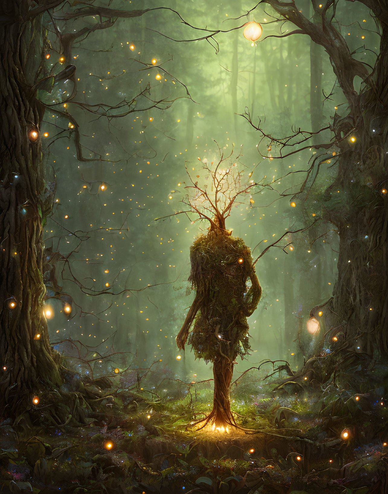 Enchanted forest with luminous tree creature and glowing orbs under green light