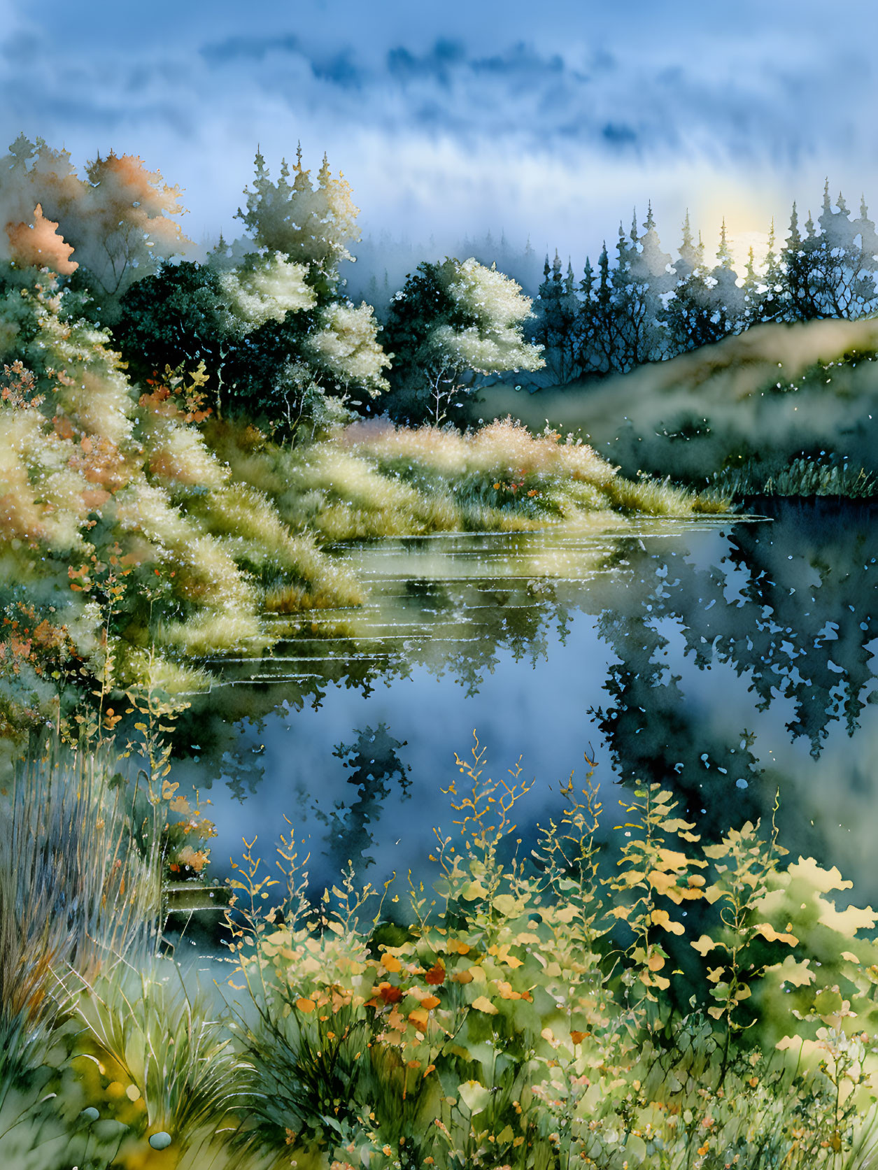 Tranquil autumnal lake scene with hazy dawn sky