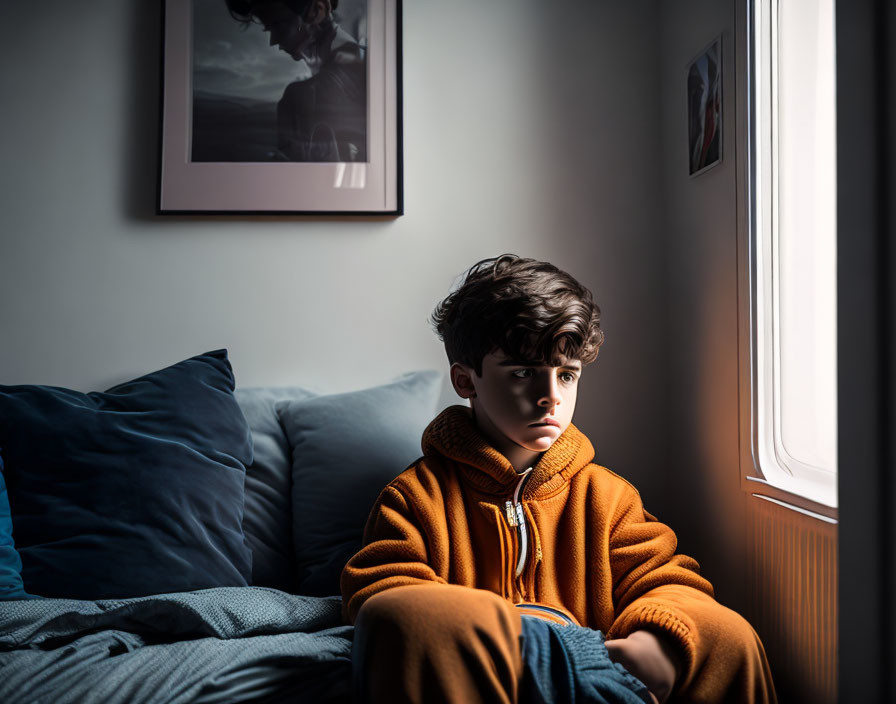 Young boy in orange hoodie sits by window in soft light