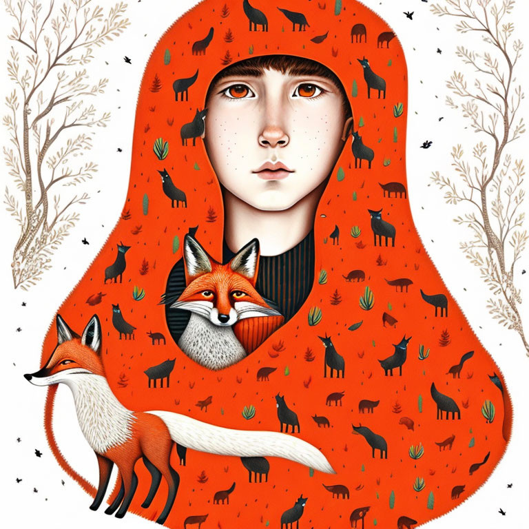 Serene person in red cloak with foxes and flora motif