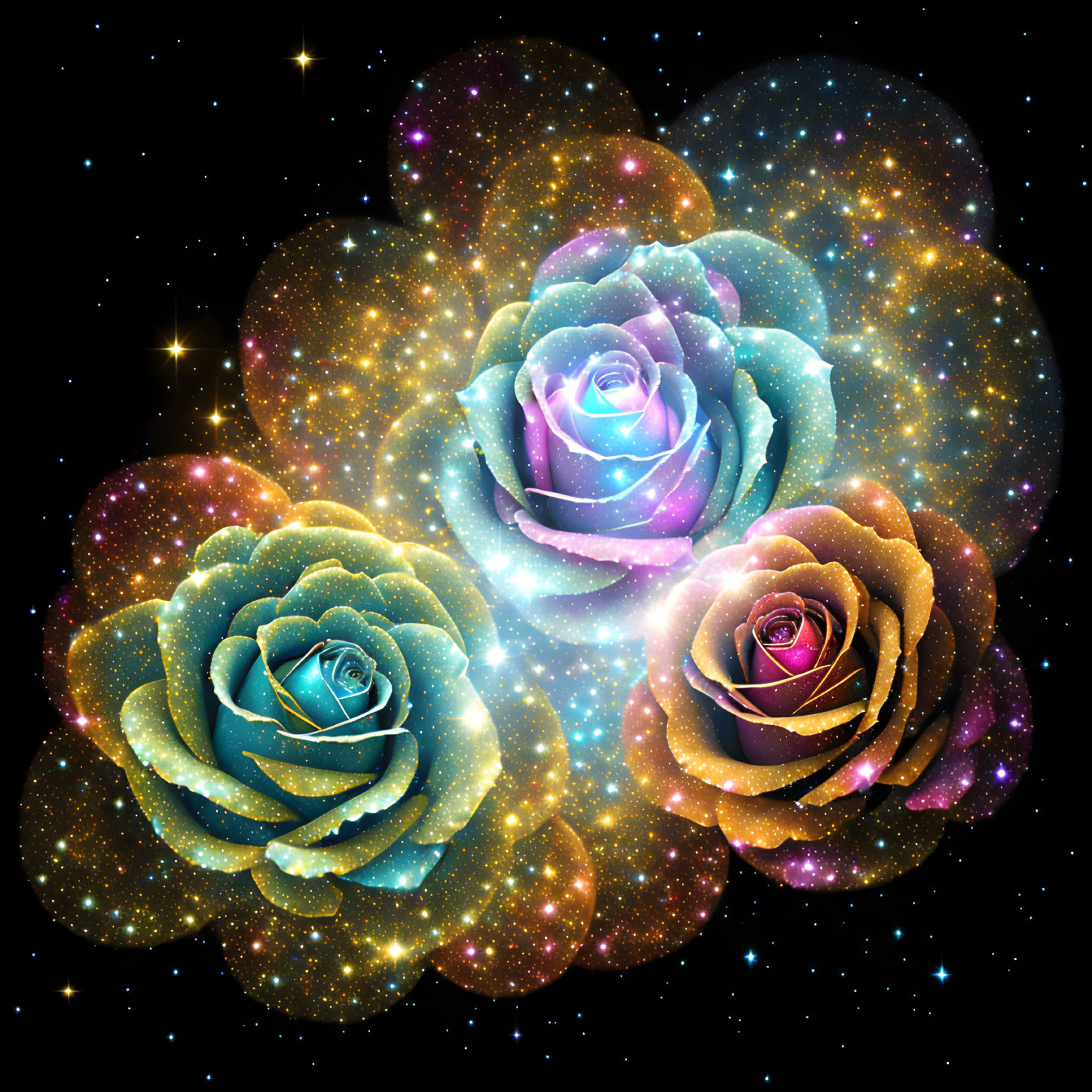 Vibrant glowing roses in blue, purple, and pink hues on cosmic backdrop