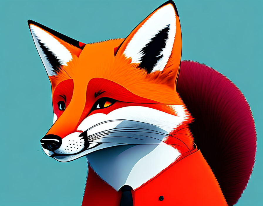 Vibrant red and white fox in blue suit on teal background