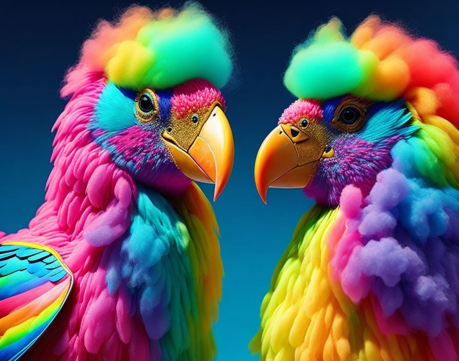 Colorful Rainbow Birds Facing Each Other on Blue Background