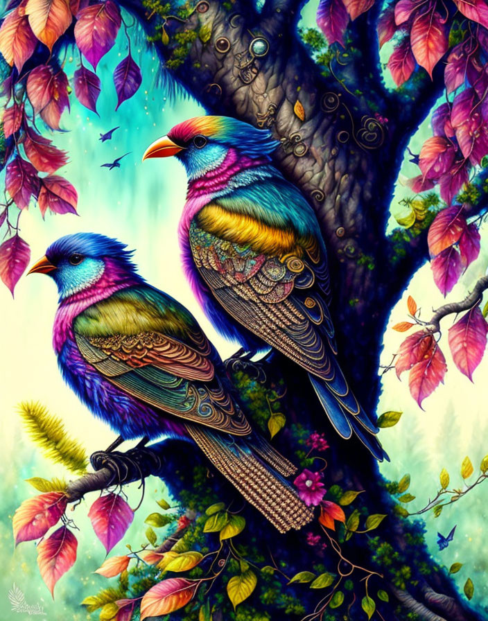 Colorful Birds on Branch with Lush Foliage and Bark Patterns