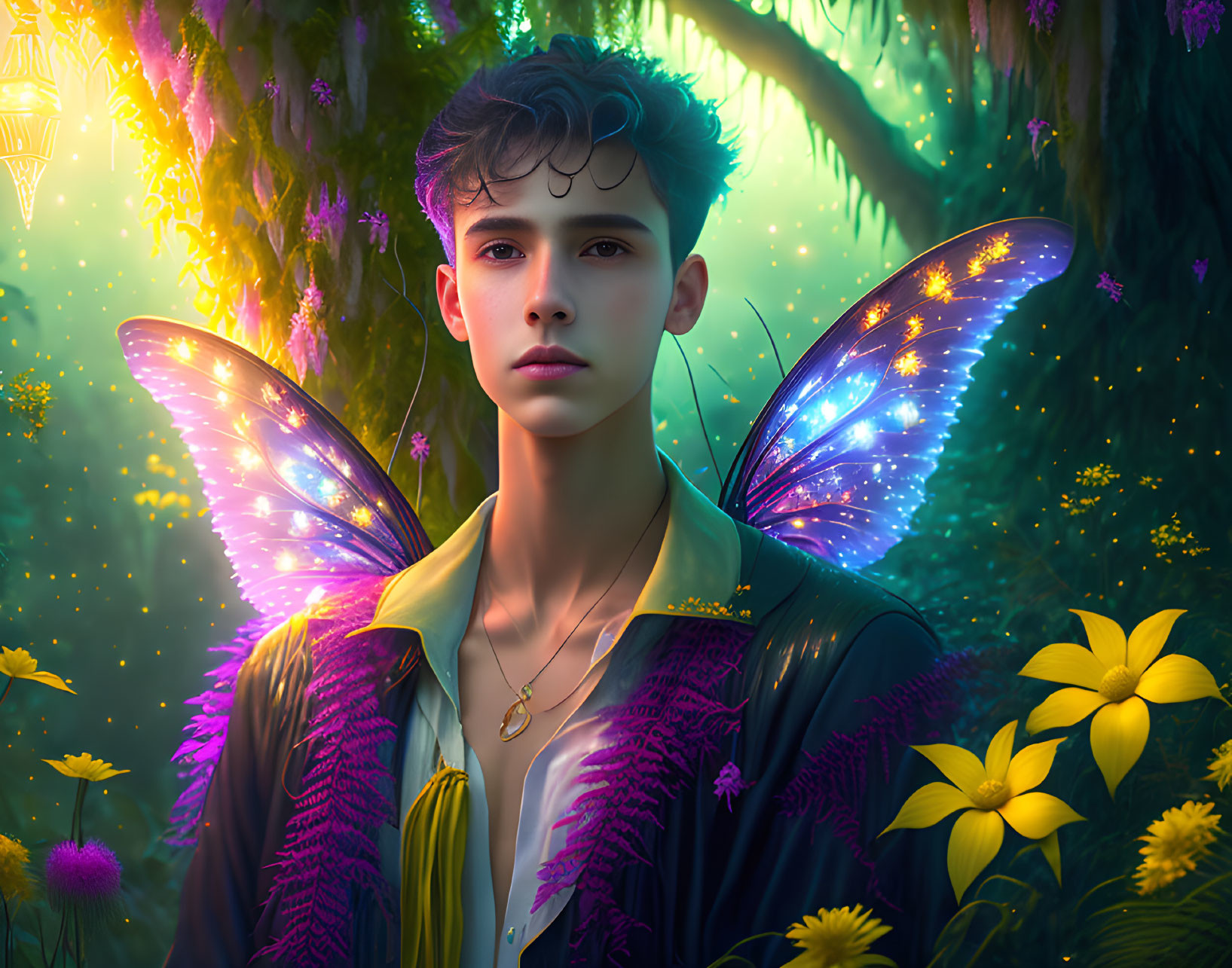 Digital artwork: Young person with iridescent fairy wings in mystical forest