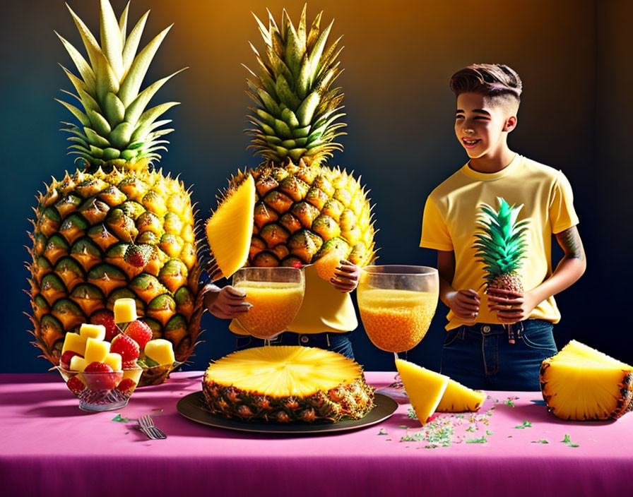 Smiling boy pouring pineapple juice with fresh pineapples