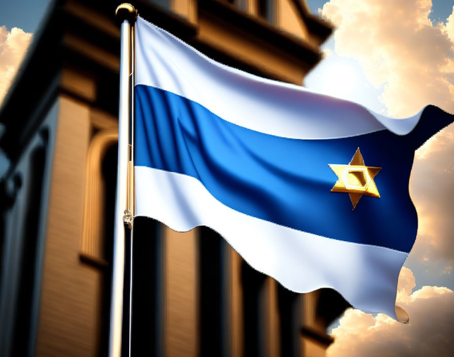 Blue Striped Flag with Star of David on Blurred Building Background