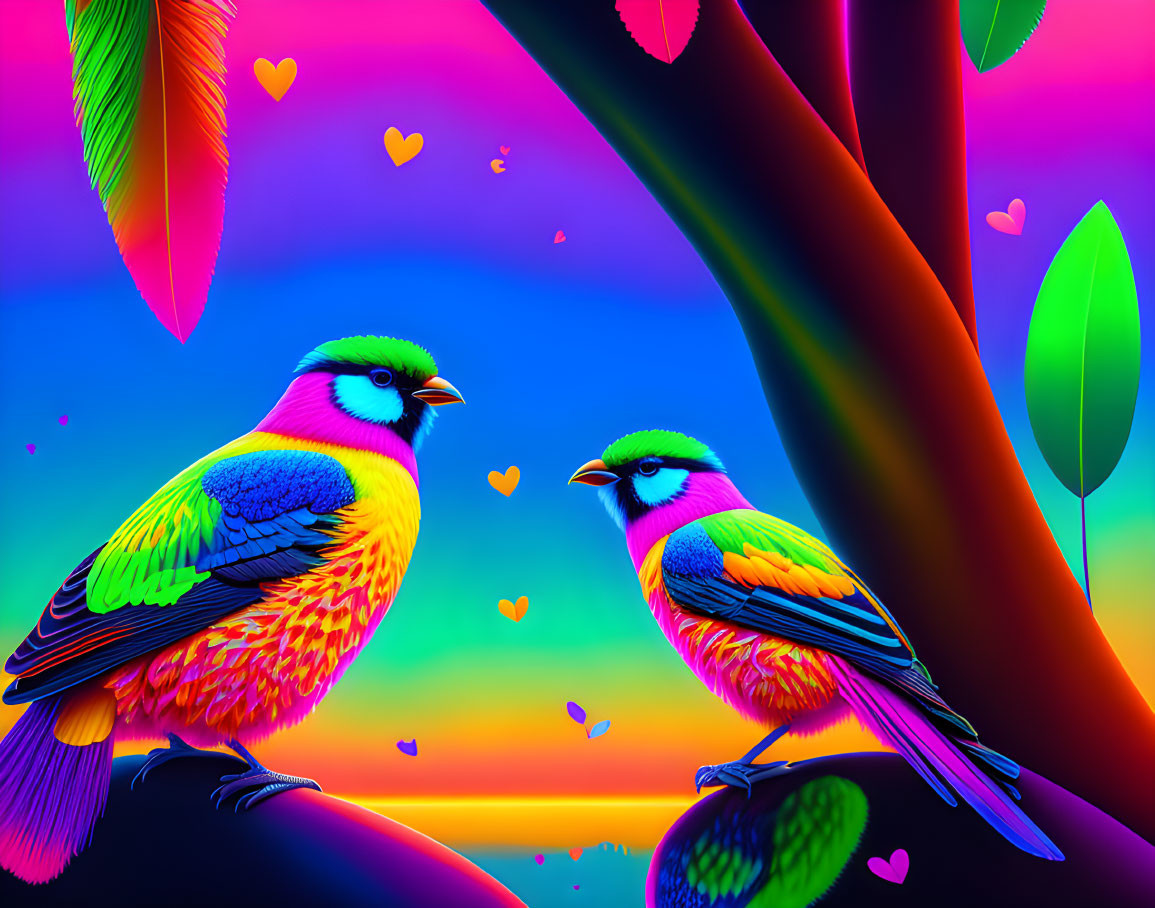 Colorful Digital Art: Two Birds on Branch with Rainbow Palette and Hearts, Neon Background