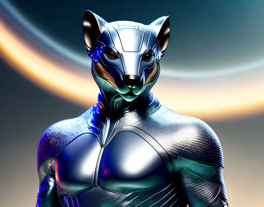 Futuristic illustration of person in silver fox-like helmet and high-tech bodysuit against eclipse.