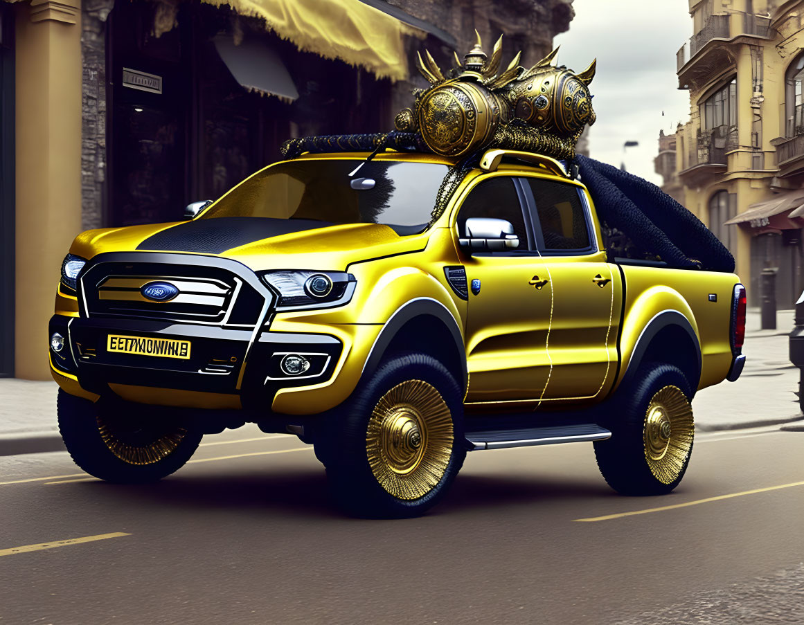 Custom Golden Ford Pickup Truck with Ornate Decorations on Urban Street