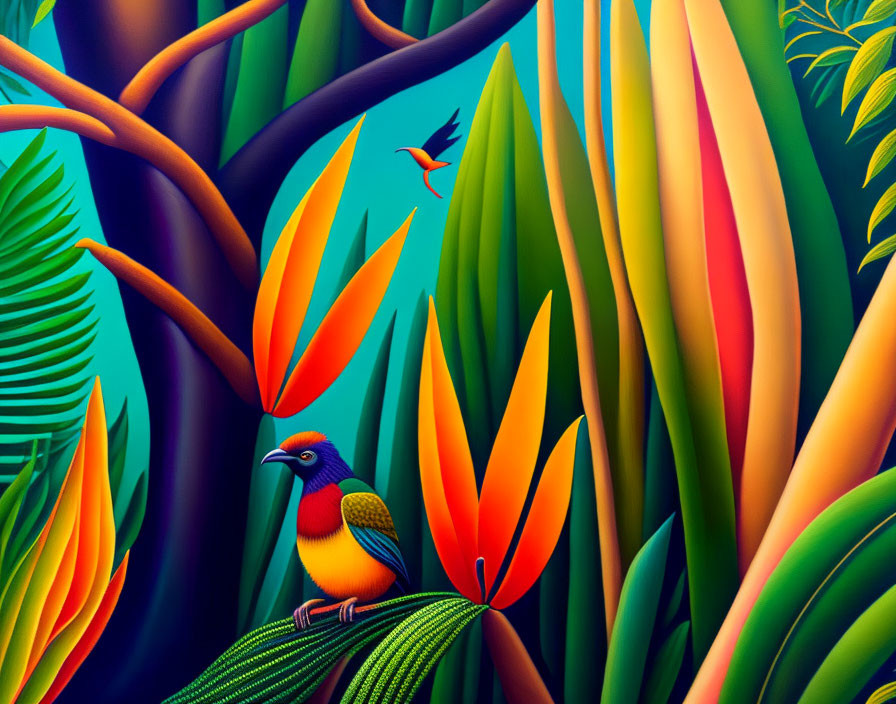 Vibrant Tropical Bird Artwork with Foliage and Flying Bird