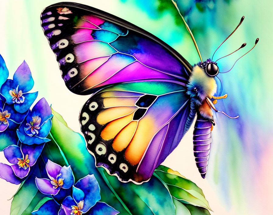 Colorful Butterfly Resting on Blue Flowers with Watercolor Background