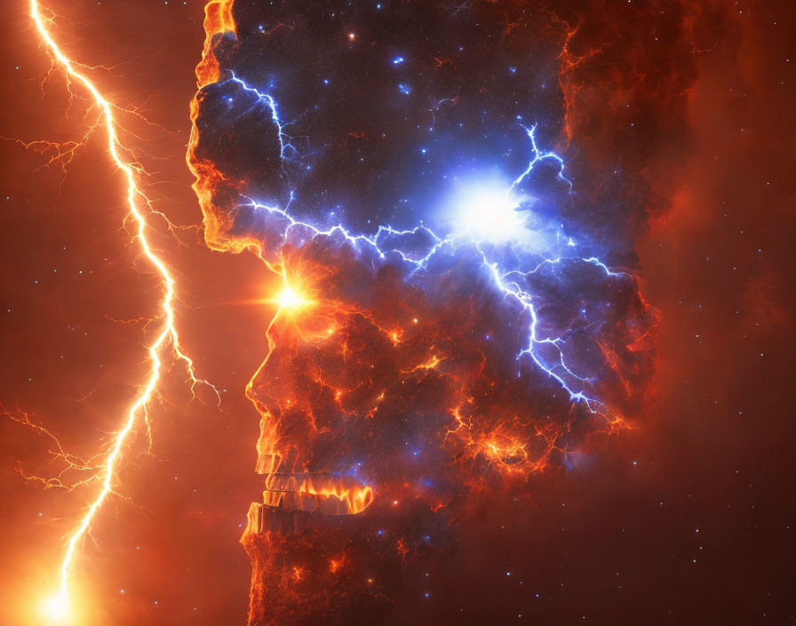 Nebula resembling human face with lightning and stars in cosmic scene