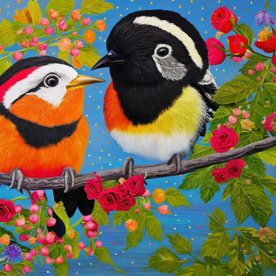 Colorful birds on branch with roses against blue background