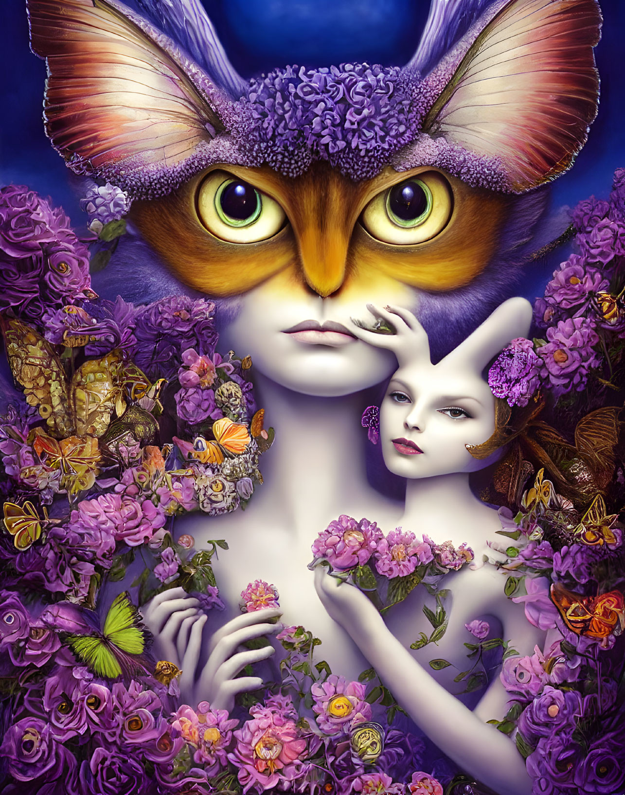 Surreal portrait: large-eyed cat with purple fur blending with woman's face surrounded by flowers and