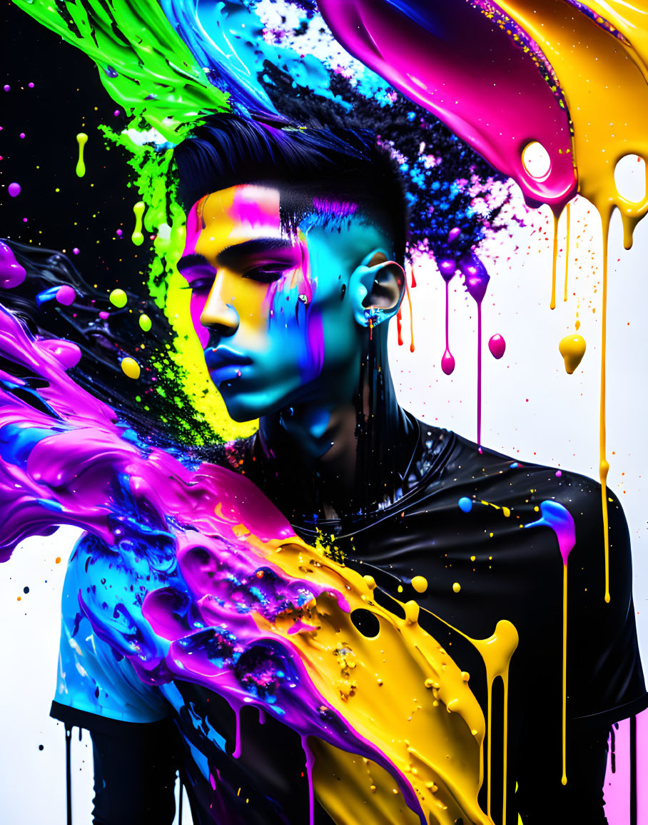 Colorful Paint Streaks Transform Man into Abstract Art