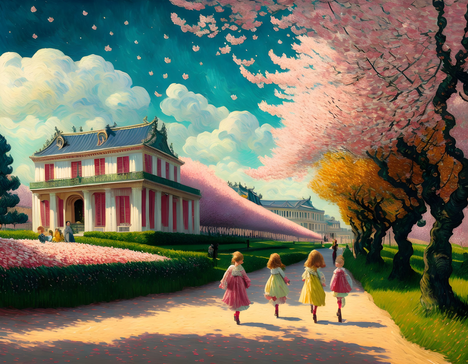 Children walking to classical building in colorful landscape