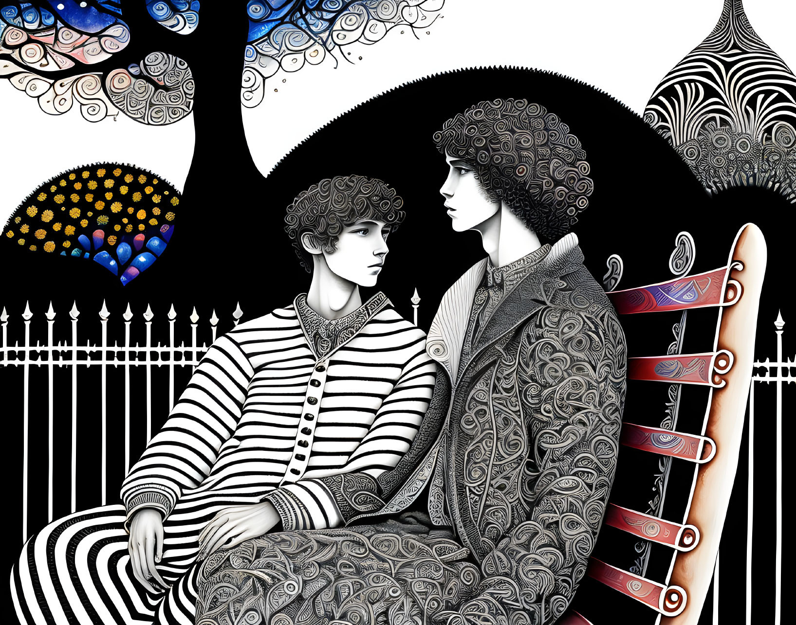 Stylized figures in patterned clothing amidst surreal black and white scenery