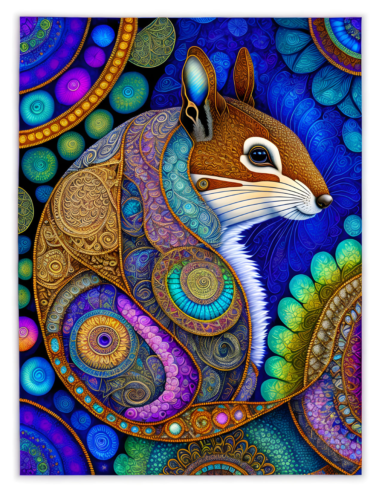 Detailed Stylized Squirrel Illustration with Colorful Mandala Background