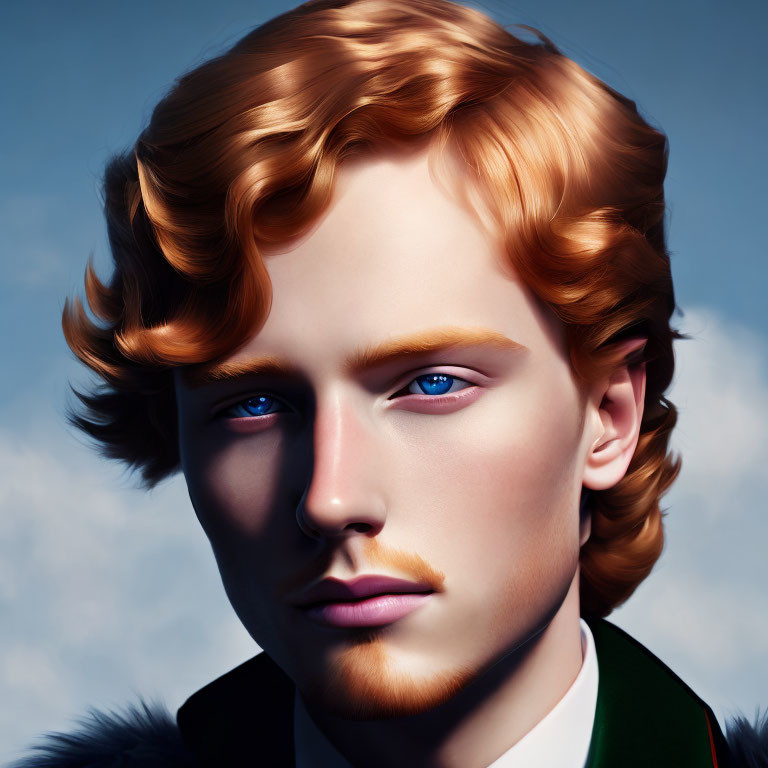 Portrait of a person with curly ginger hair and blue eyes in dark coat against blue background