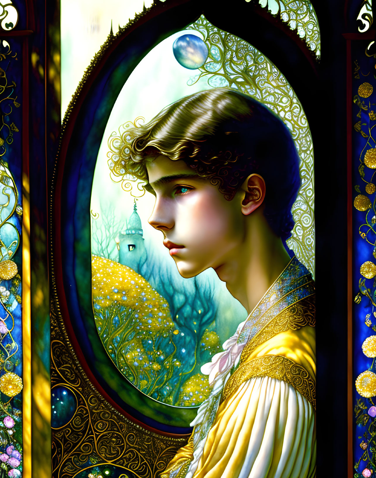 Colorful illustration of contemplative youth in ornate stained glass frame