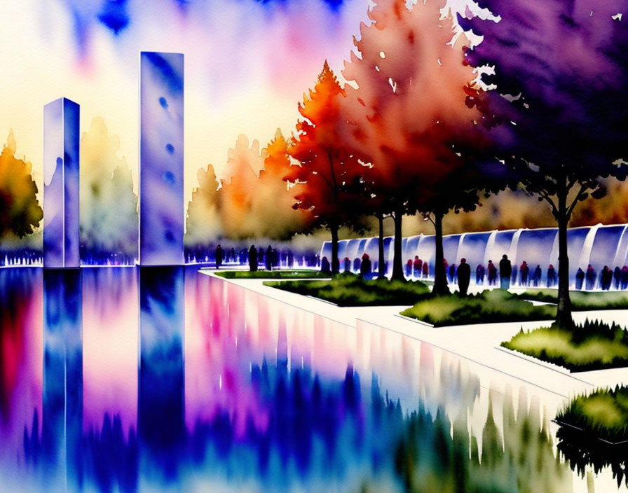 Colorful trees and skyscrapers reflected in vibrant watercolor scene