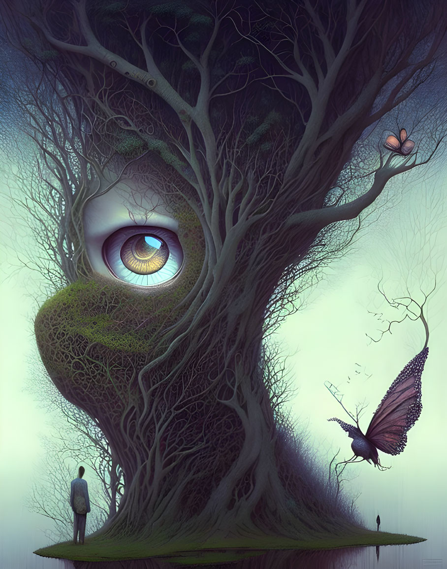 Surreal artwork: giant tree with human eye, butterflies, small human figure in mystical forest