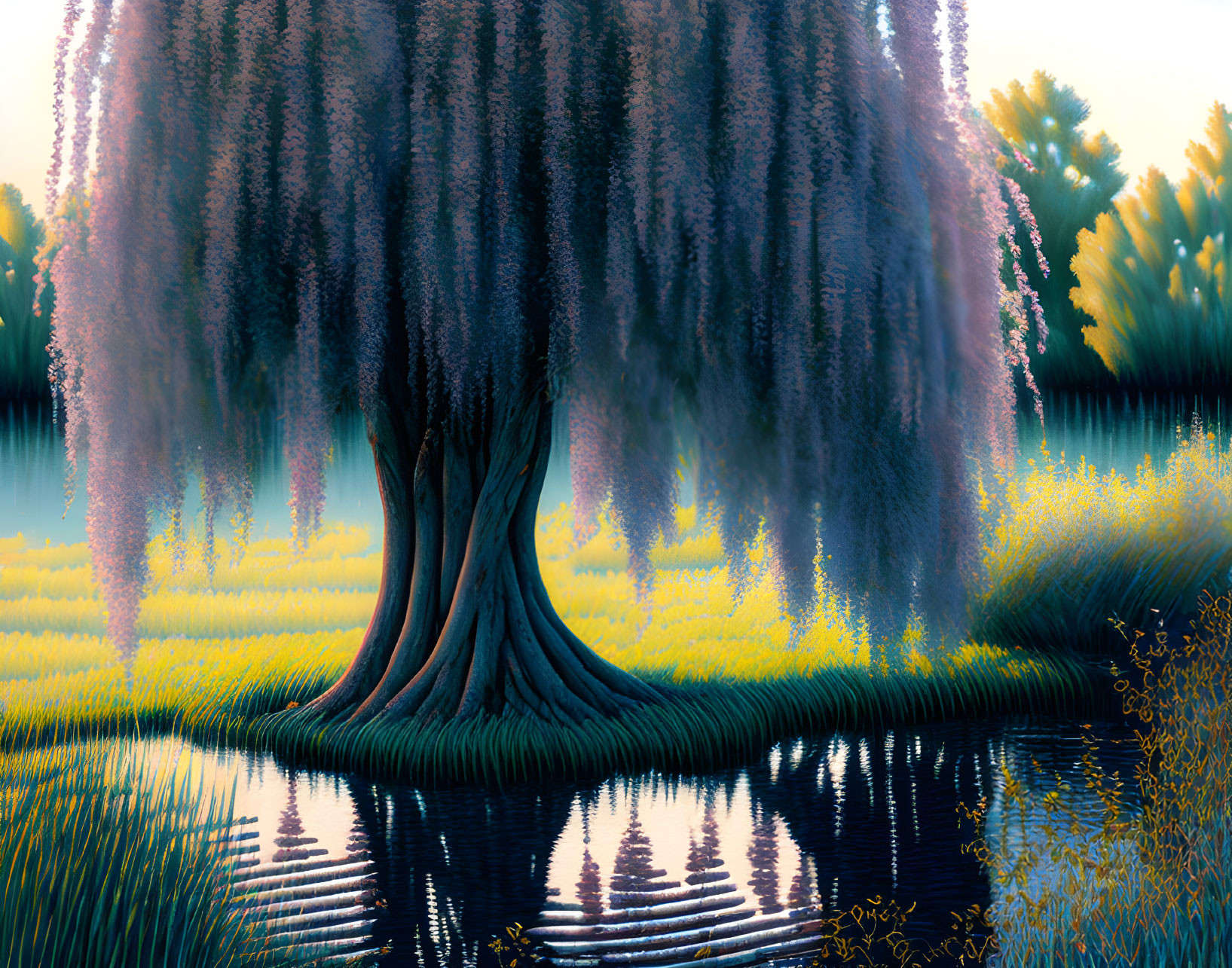 Majestic willow tree with cascading purple blossoms by tranquil pond