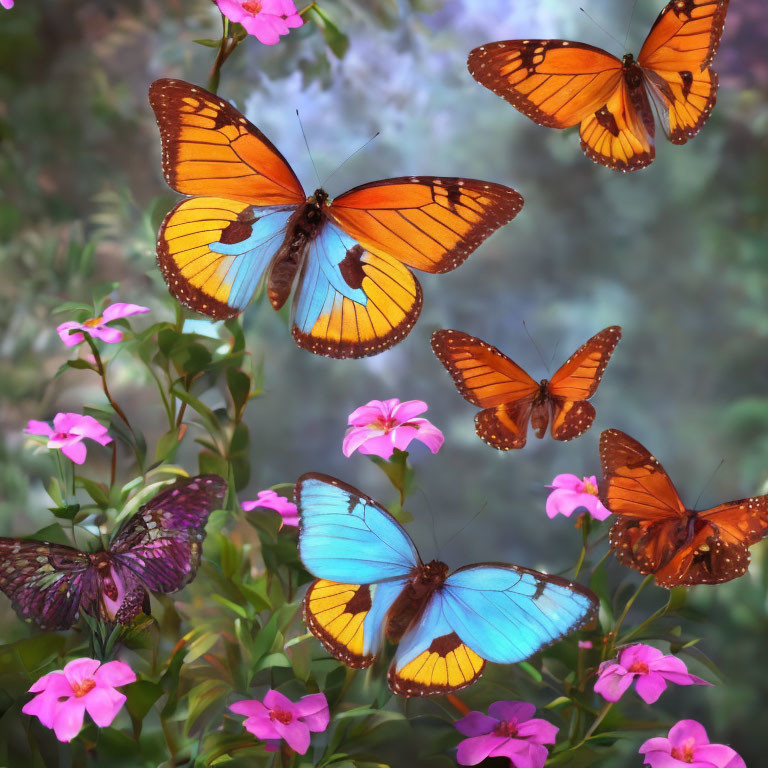 Colorful Butterfly Collection on Pink Flowers with Soft Floral Background