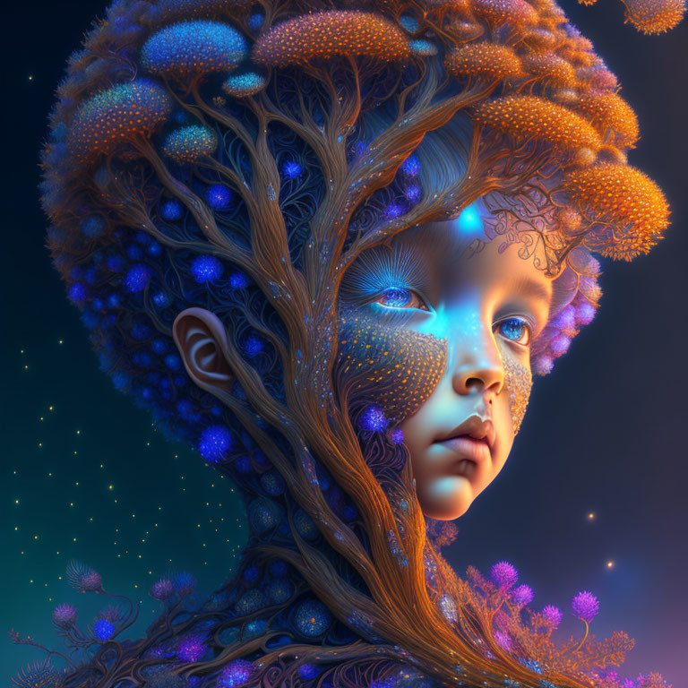 Child portrait with tree structure and coral hair in surreal setting