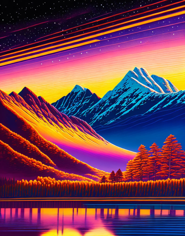 Colorful Mountain Landscape with Starry Sky and Neon Colors