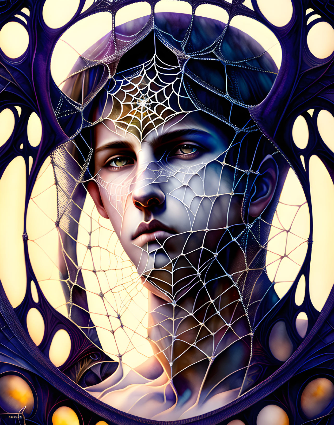 Stylized portrait with cobweb on face, intricate purple and gold patterns