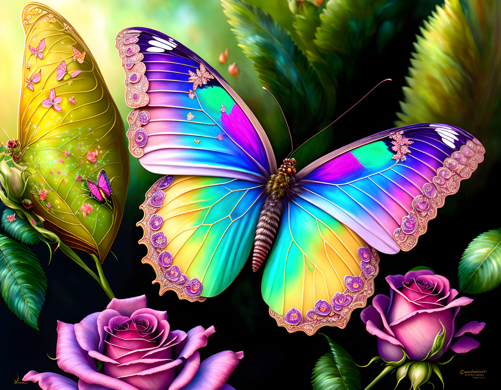 Colorful Butterfly Artwork Resting on Rose in Lush Greenery