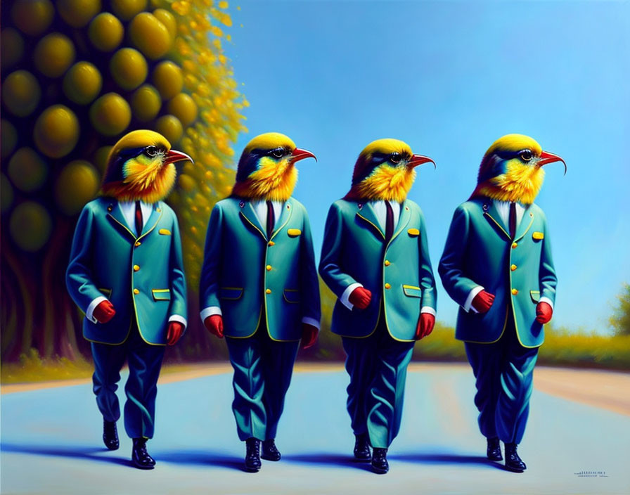 Anthropomorphic birds in uniforms marching on road