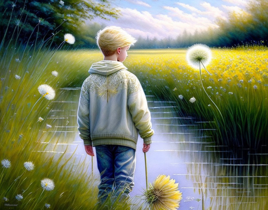 Boy standing in vibrant meadow with dandelions under warm sunlight