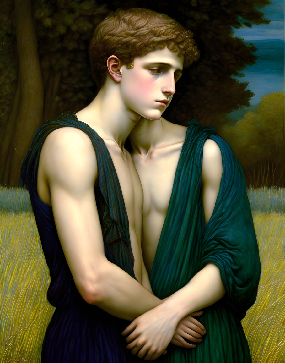 Young person with curly hair in green toga in contemplative pose in field.