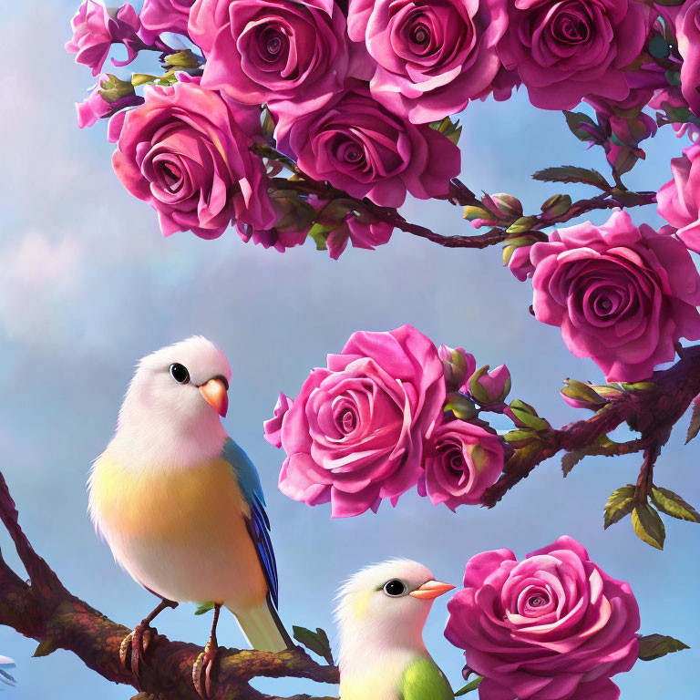 Pastel Plumage Birds Perched on Branch with Pink Roses