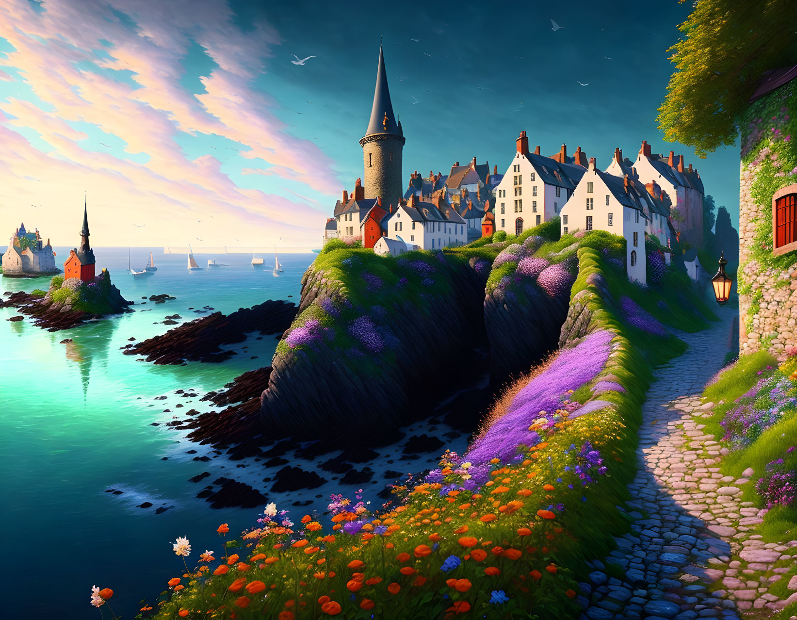 Picturesque Coastal Village with Quaint Houses and Vibrant Flowers